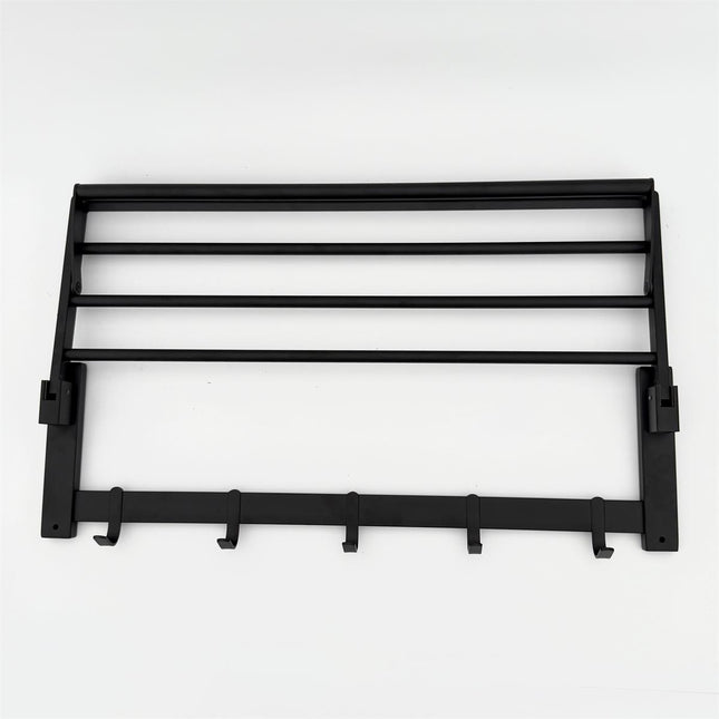 Foldable Towel Rail with Hooks - Matte Black Stainless Steel