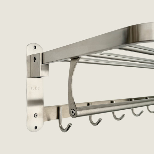 Foldable Towel Rail with Hooks - Brushed Stainless Steel