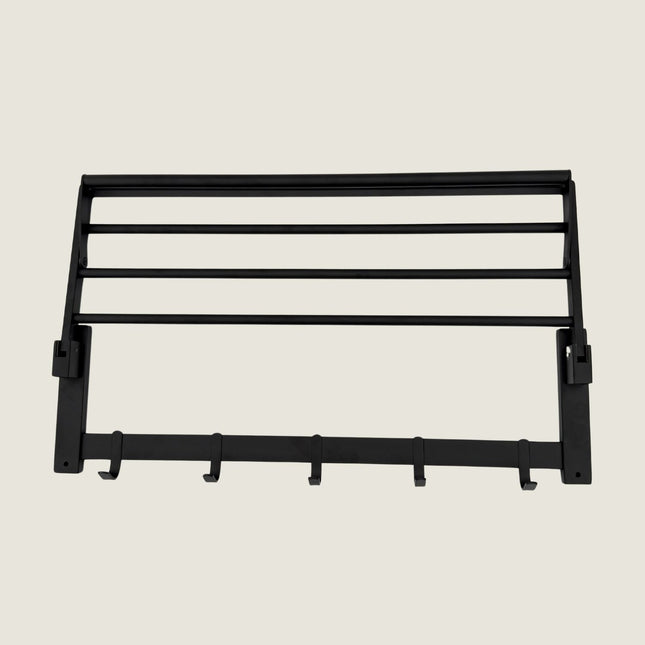 Foldable Towel Rail with Hooks - Matte Black Stainless Steel