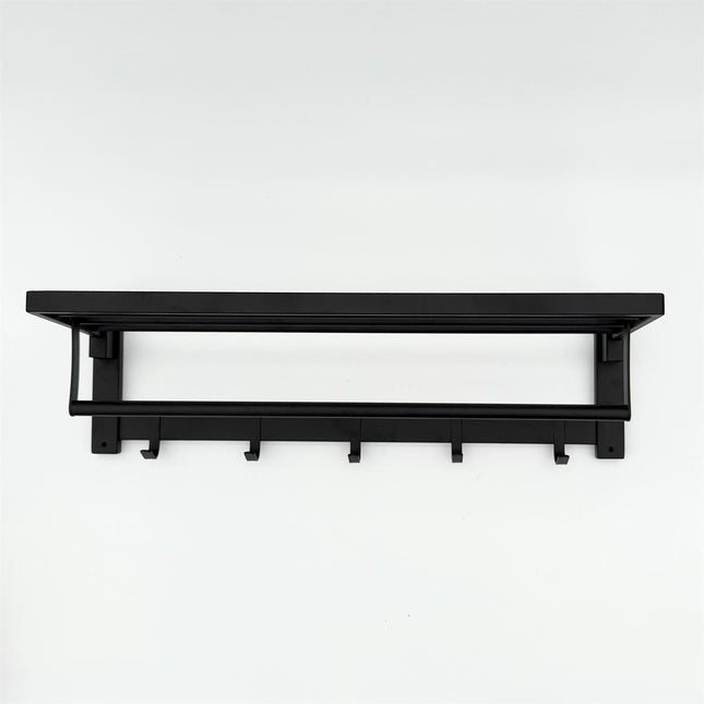 Foldable Towel Rail with Hooks - Matte Black Stainless Steel