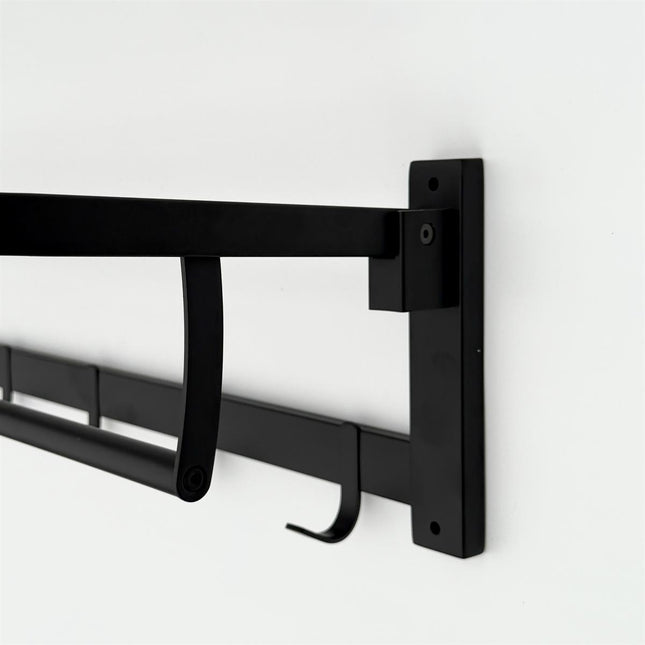 Foldable Towel Rail with Hooks - Matte Black Stainless Steel